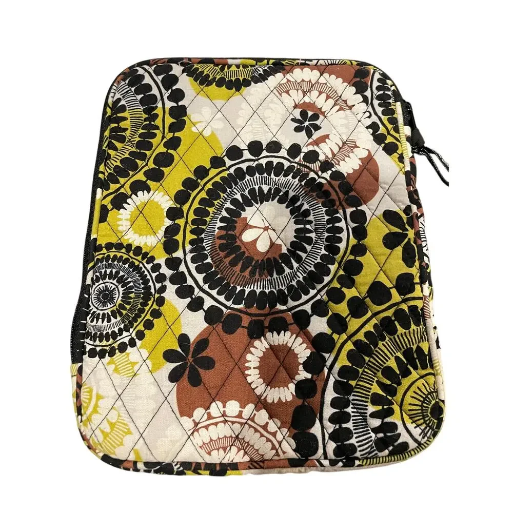 Vera Bradley Cocoa Moss‎ Black Brown Green Cream Cotton Tablet Case Zip closure